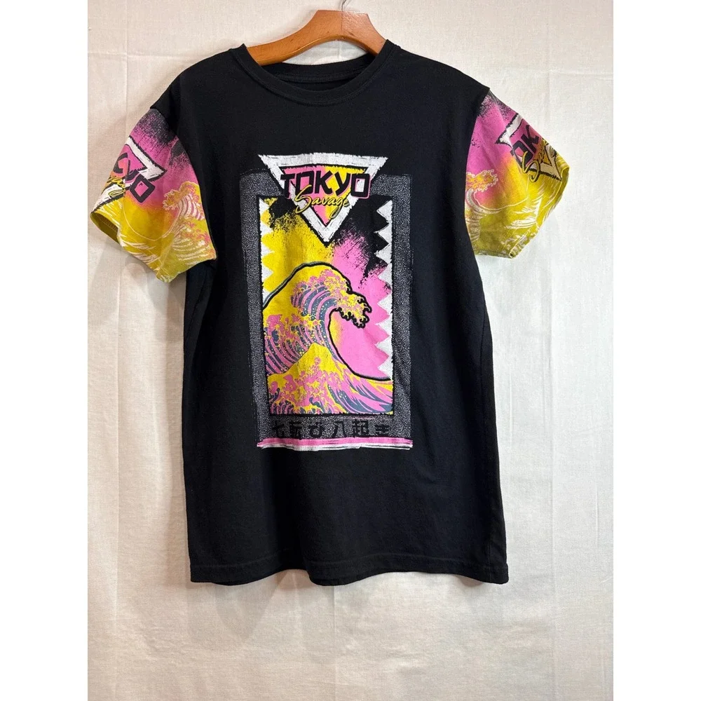 Fresh Laundry Tokyo Savage Graphic Tee Black Pink Yellow Great Wave Mens Medium - Picture 1 of 5